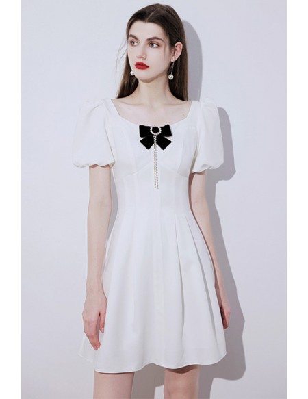 French Romantic Little White Party Dress with Bow Knot Short Sleeves
