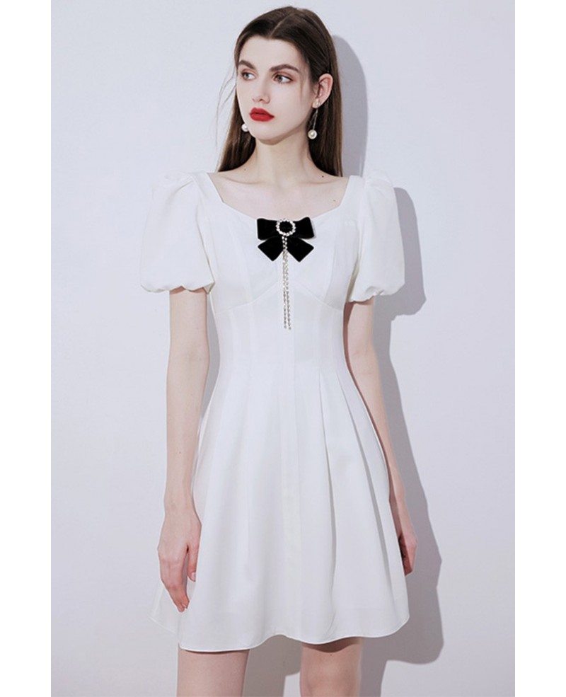 French Romantic Little White Party Dress with Bow Knot Short Sleeves ...