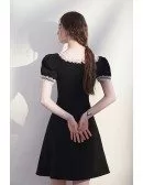 Vitange Lace Square Neckline Little Black Dress with Short Sleeves