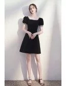 Vitange Lace Square Neckline Little Black Dress with Short Sleeves