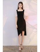 Modern Little Black Cocktail Dress with Square Neckline Bubble Sleeves