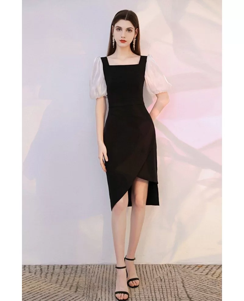 Modern Little Black Cocktail Dress with Square Neckline Bubble Sleeves ...