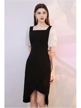 Modern Little Black Cocktail Dress with Square Neckline Bubble Sleeves