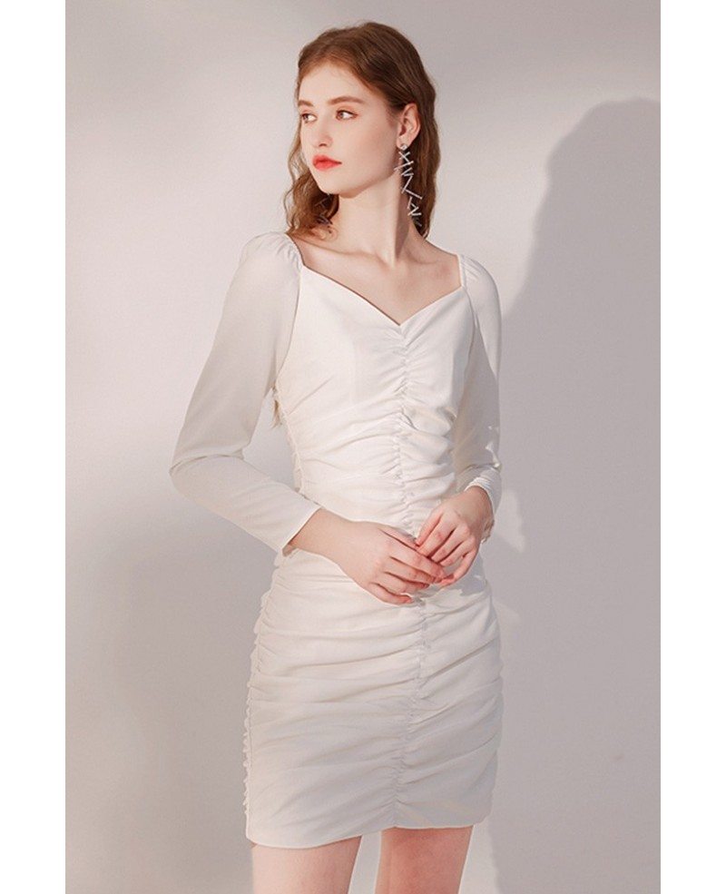 Slim Fit Little White Party Dress with Sleeves HTX96025 - GemGrace.com