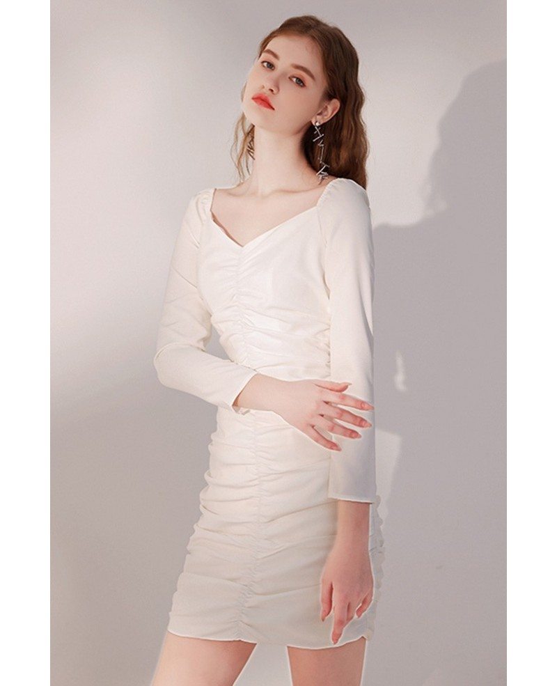 Slim Fit Little White Party Dress with Sleeves HTX96025 - GemGrace.com