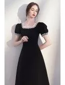 Romantic Lace Square Neckline Black Knee Length Dress with Bubble Sleeves