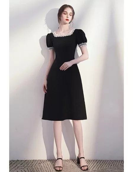 Romantic Lace Square Neckline Black Knee Length Dress with Bubble Sleeves