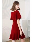 Burgundy Square Neckline Simple Fishtail Party Dress with Ruffles Sleeves
