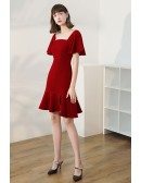 Burgundy Square Neckline Simple Fishtail Party Dress with Ruffles Sleeves