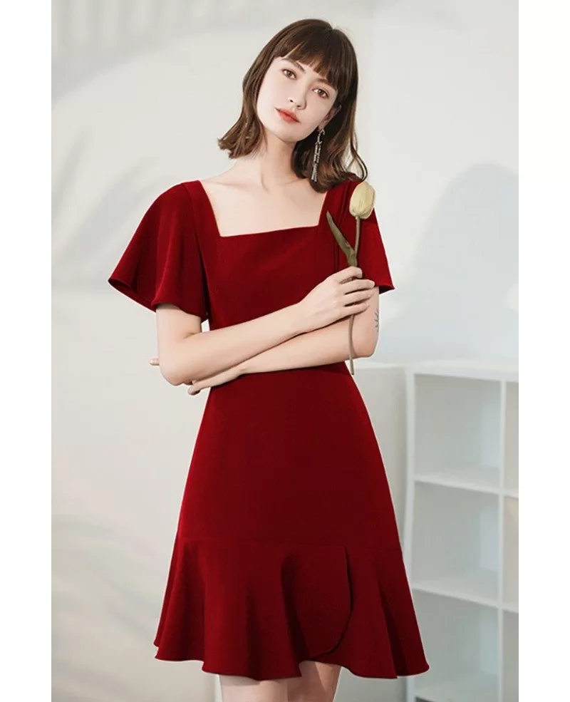 Burgundy Square Neckline Simple Fishtail Party Dress with Ruffles ...