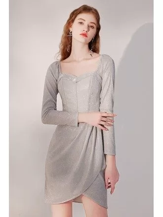 Bling Grey Ruffle Party Dress Square Neckline with Sleeves