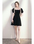 Cute Fit And Flare Little Black Dress with Strappy Bubble Sleeves