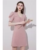 Pretty Pink Vneck Short Homecoming Party Dress with Bubble Sleeves
