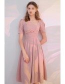 Elegant Ruffled Pink Knee Length Semi Party Dress with Sleeves