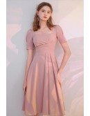 Elegant Ruffled Pink Knee Length Semi Party Dress with Sleeves