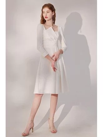Elegant White Knee Length Party Dress Pleated with Sleeves