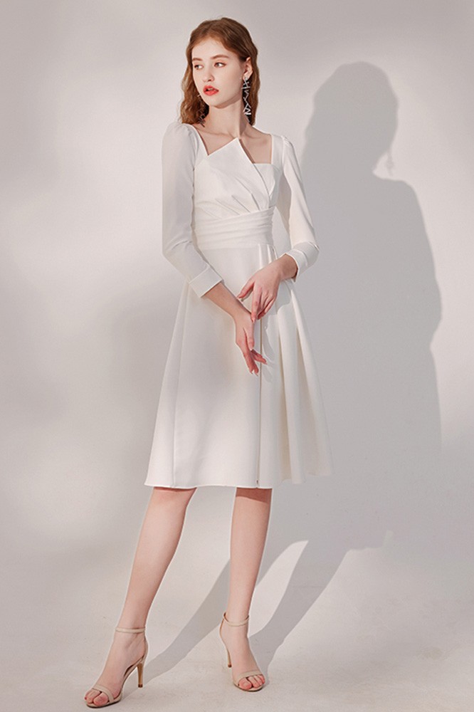 Elegant White Knee Length Party Dress Pleated with Sleeves HTX96023 - GemGrace.com Elegant White Knee Length Party Dress Pleated with Sleeves HTX96023 - GemGrace.com