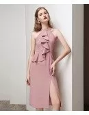 Sheath Pink Short Halter Party Dress with Split Ruffles