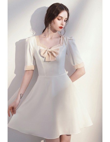 French Chic White Short Party Dress with Bow Knot Short Sleeves
