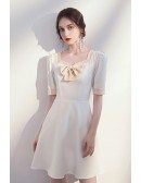 French Chic White Short Party Dress with Bow Knot Short Sleeves