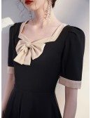 Retro Bow Knot Square Neckline Black Party Dress with Sleeves