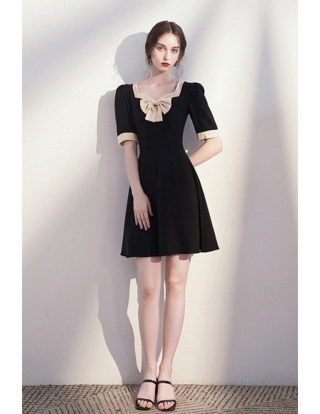 Retro Bow Knot Square Neckline Black Party Dress with Sleeves