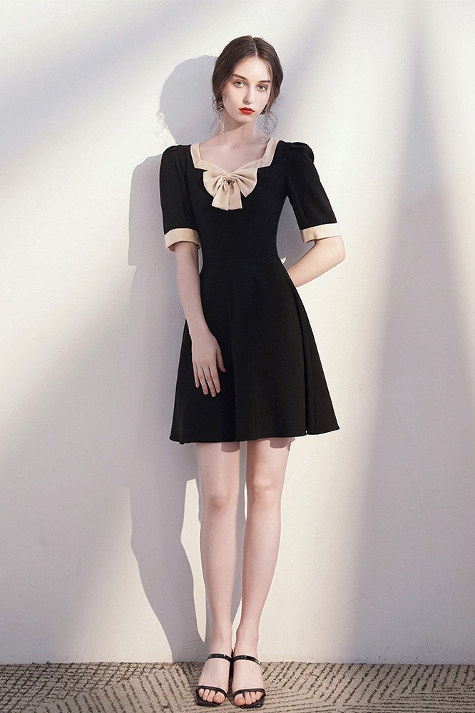 Retro Bow Knot Square Neckline Black Party Dress with Sleeves HTX96049 ...