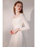 Pleated Square Neckline Little White Party Dress with Sleeves