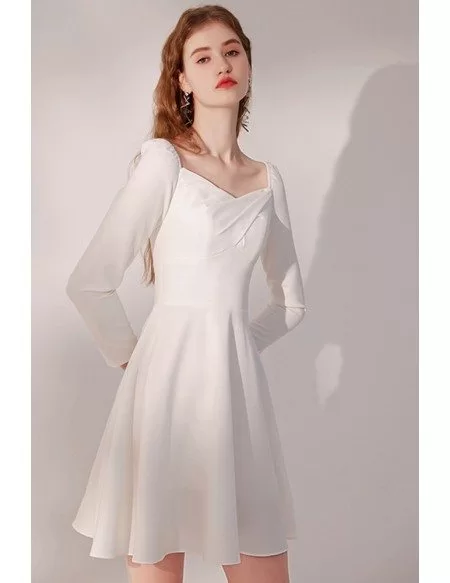 Pleated Square Neckline Little White Party Dress with Sleeves