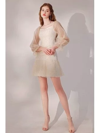 Champagne Sequined Short Tulle Hoco Dress with Long Sleeves