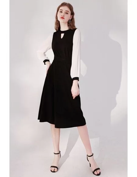Elegant Keyhole Round Neck Knee Length Black Party Dress with Long Sleeves