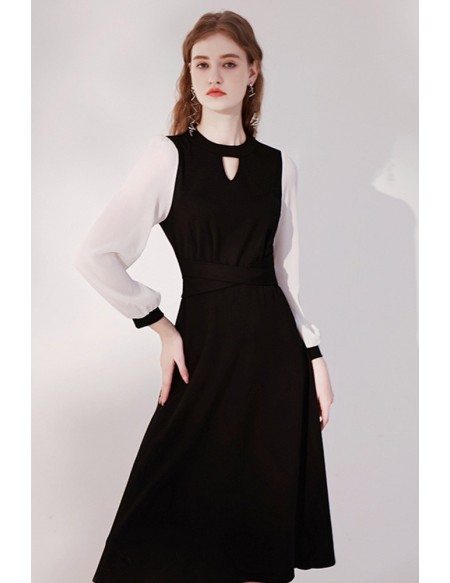 Elegant Keyhole Round Neck Knee Length Black Party Dress with Long Sleeves