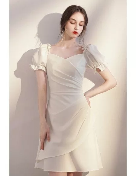 Pleated Short White Homecoming Party Dress with Bubble Sleeves