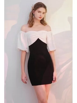 Chic Black And White Semi Party Dress Off Shoulder with Sleeves