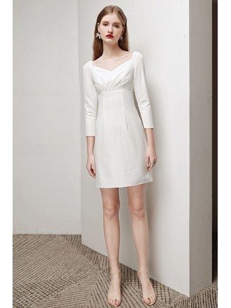 Little White Sheath Cocktail Dress 3/4 Sleeves with Jeweled Back