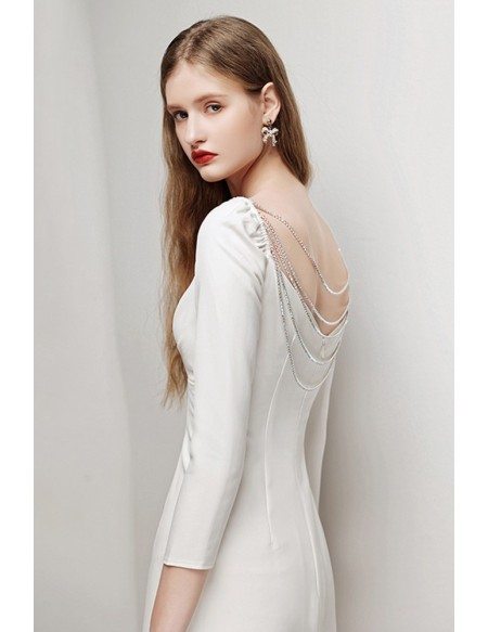 Little White Sheath Cocktail Dress 3/4 Sleeves with Jeweled Back