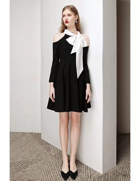 Retro Black And White Short Dress with Bow Knot Cold Shoulder Sleeves