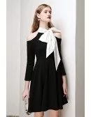 Retro Black And White Short Dress with Bow Knot Cold Shoulder Sleeves