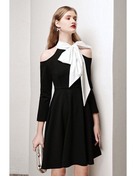 Retro Black And White Short Dress with Bow Knot Cold Shoulder Sleeves ...