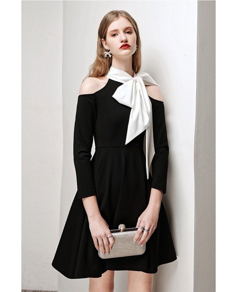 Retro Black And White Short Dress with Bow Knot Cold Shoulder Sleeves ...