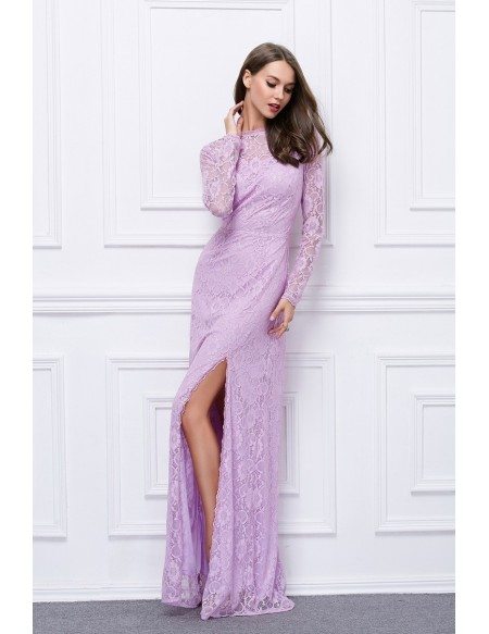 Chic Lace Long Evening Dress With Long Sleeves Split