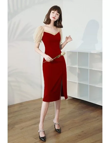 Sheath Burgundy Red Wedding Party Dress with Bubble Sleeves