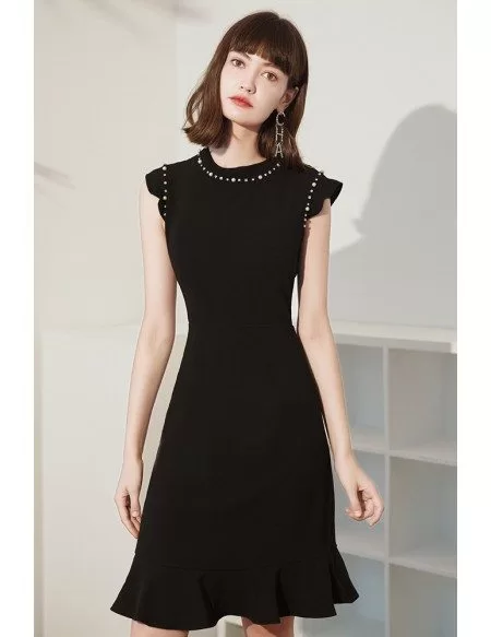 Little Black Chic Round Beaded Neckline Cocktail Dress with Cap Sleeves