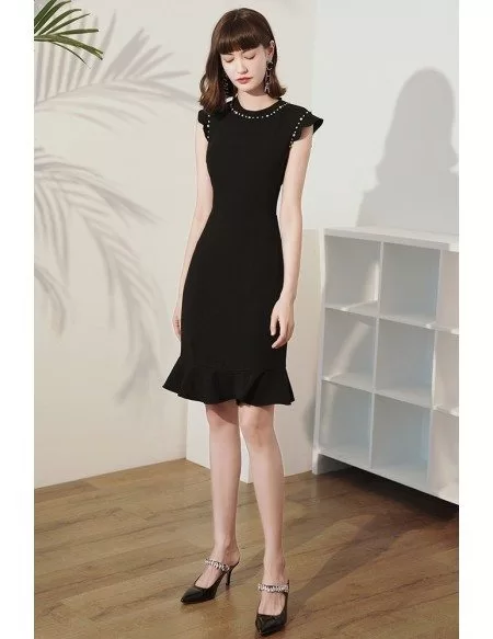 Little Black Chic Round Beaded Neckline Cocktail Dress with Cap Sleeves
