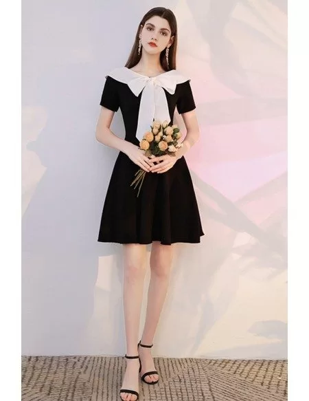French Romantic Black And White Homecoming Party Dress with Bow Knot Short Sleeves