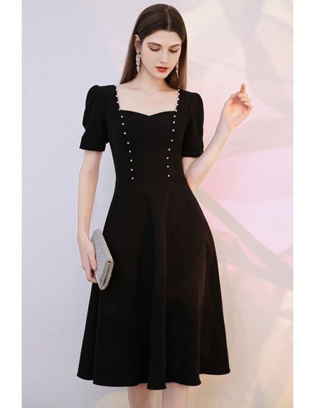 Retro Knee Length Black Chic Semi Party Dress with Short Sleeves ...