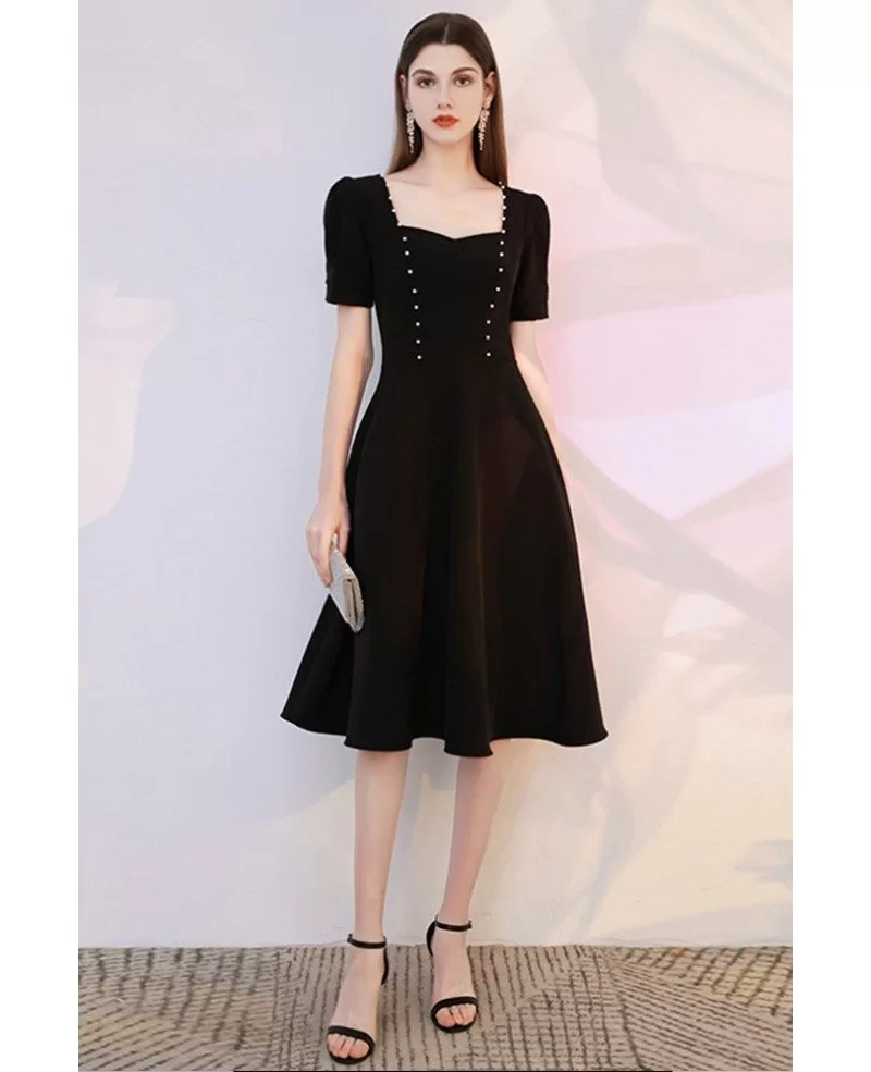 Retro Knee Length Black Chic Semi Party Dress with Short Sleeves ...