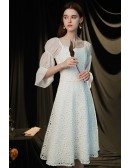Elegant White Lace Square Neckline Hoco Party Dress with Bubble Sleeves