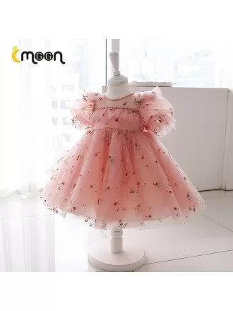 Lovely Pink Tulle Girls Party Dress With Little Flowers Sleeves