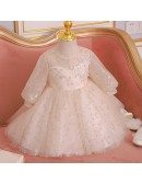 Bling Sequins Champagne Ballgown Girls Pageant Gown With Sleeves